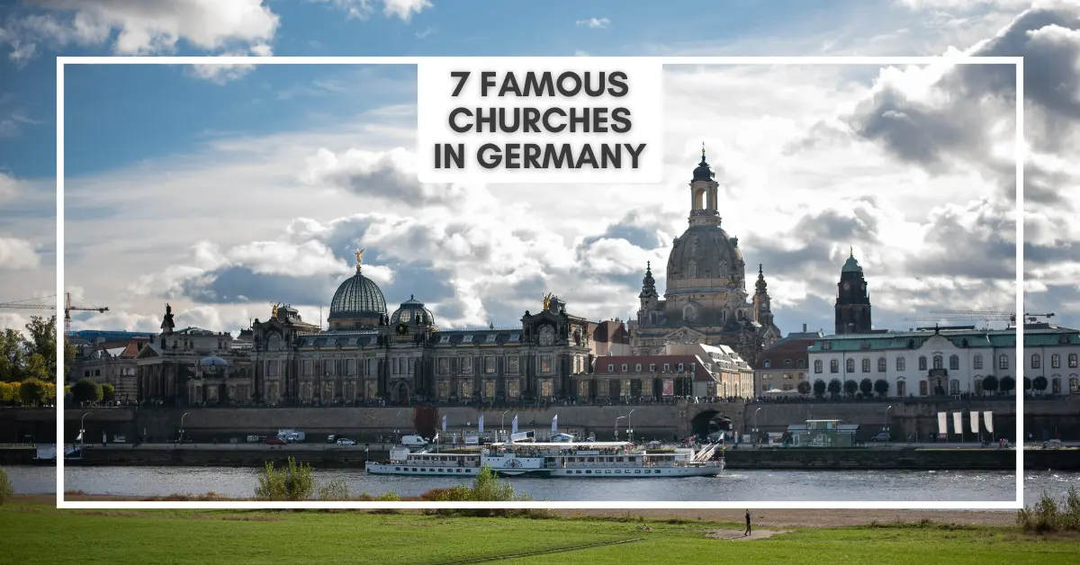 Scenic view of a river and historic buildings in Dresden, Germany, with text overlay.