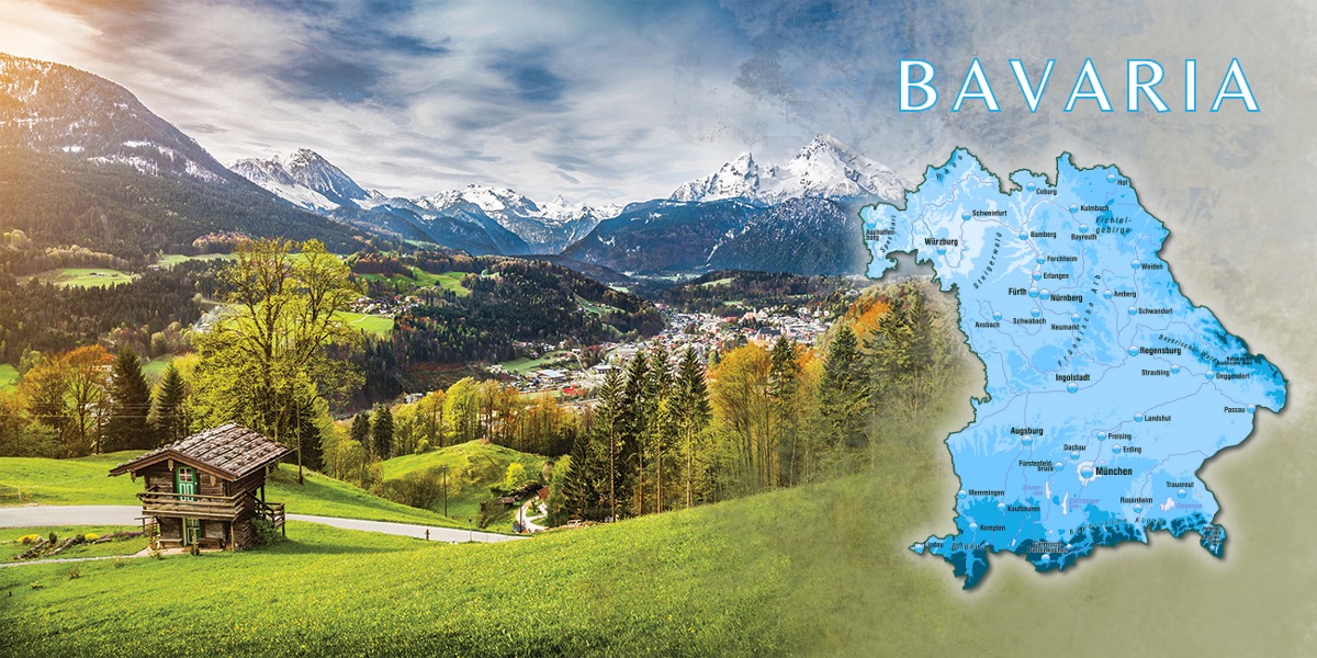 Small wooden hut in front of wooded valleys and snow-covered mountains. Map of Bavaria to the right.
