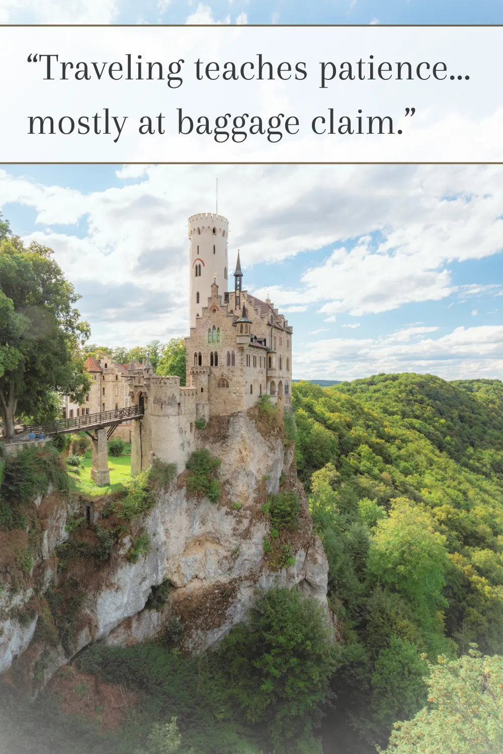 A dramatic castle perched on a rocky cliff with a lush green forest below. 