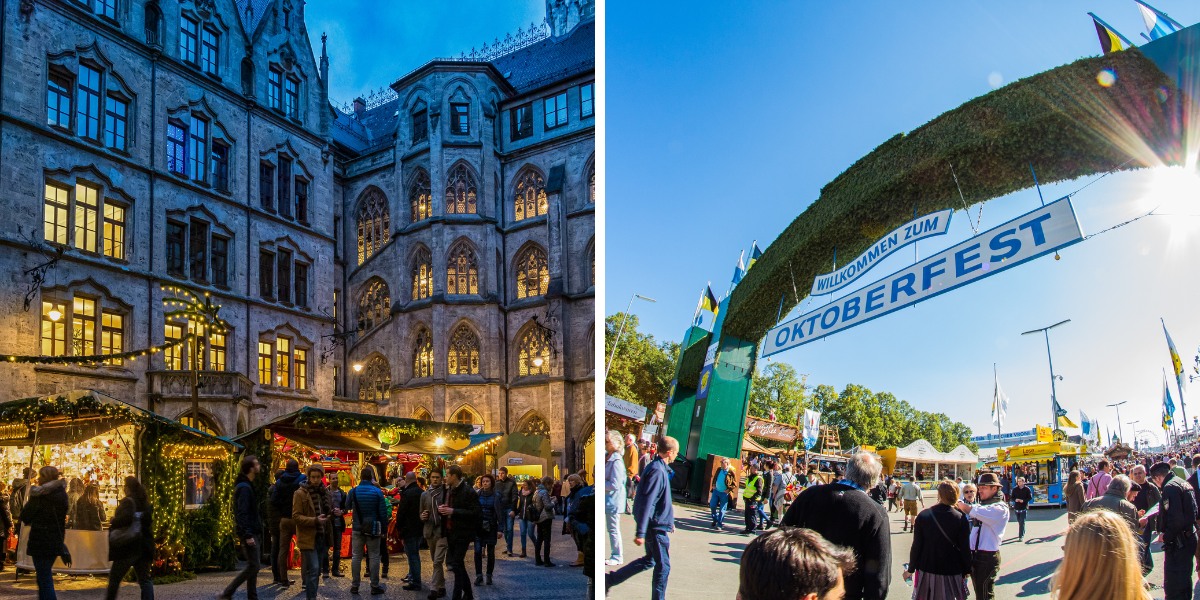 Gothic buildings surrounding a Christmas Market and a sunny sign above people going to Oktoberfest