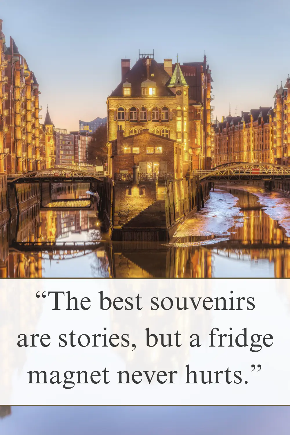 A charming nighttime cityscape with warm lights reflecting on the water