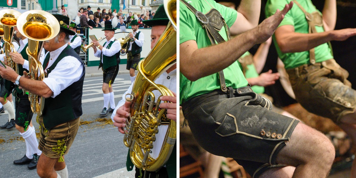 Musicians playing brass instruments in a parade and men in green shirts and lederhosen dancing.