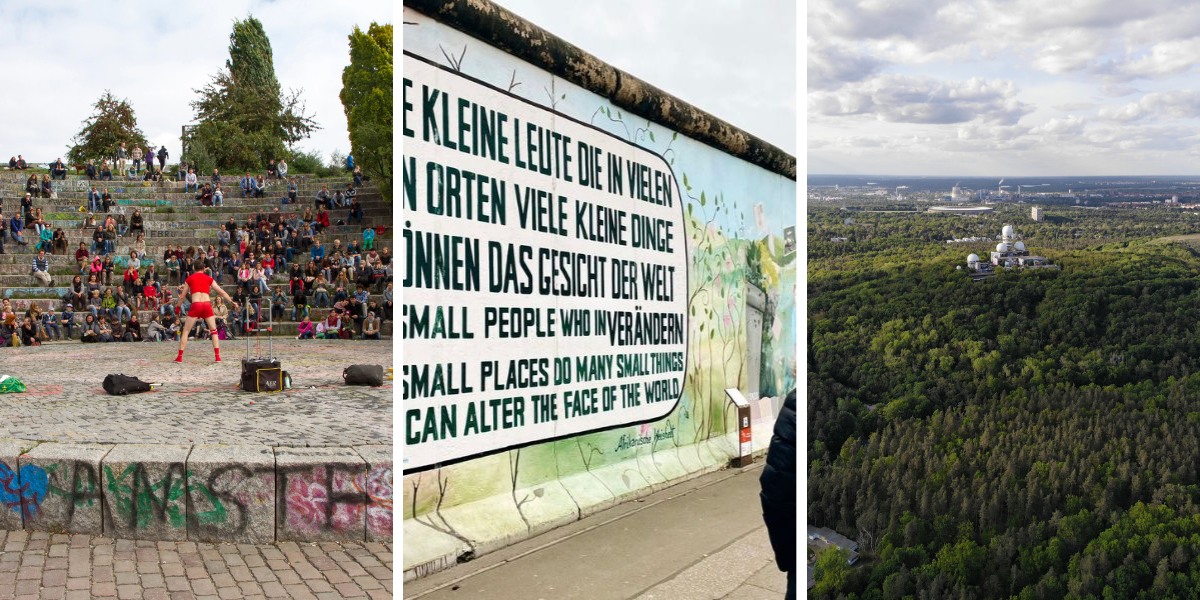 Berlin Gems, hidden in plain sight Three-part image: left shows an outdoor performance with an audience on stone steps, center depicts graffiti on a wall about small changes, and right displays an aerial view of a forest with scattered buildings.