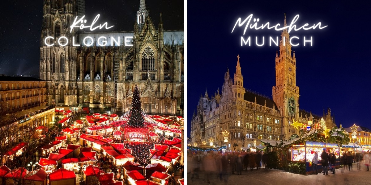Christmas Markets in Cologne and Munich Christmas market stalls in front of the Cologne Cathedral and Munich Town Hall