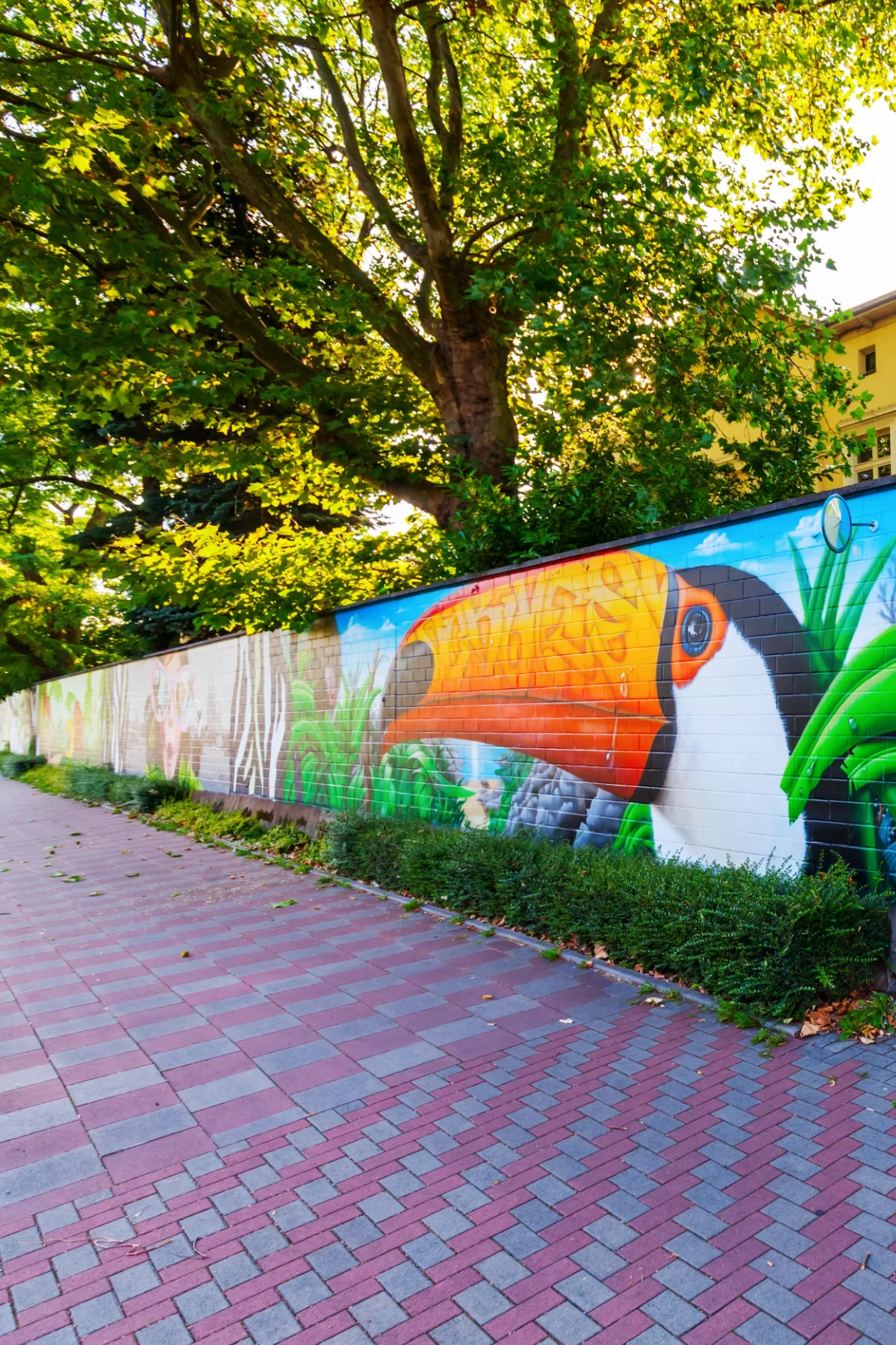 Graffiti on a wall along a sidewalk in Cologne.
