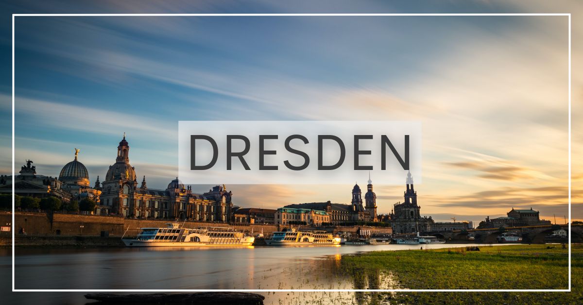 Old buildings at dusk in Dresden along the Elbe River