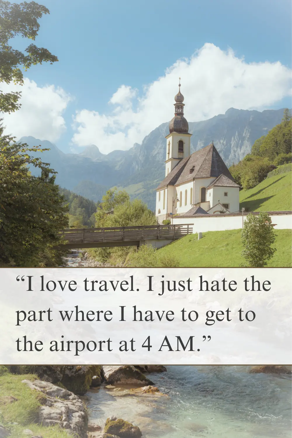 A small white chapel surrounded by towering mountains and a crystal-clear stream.