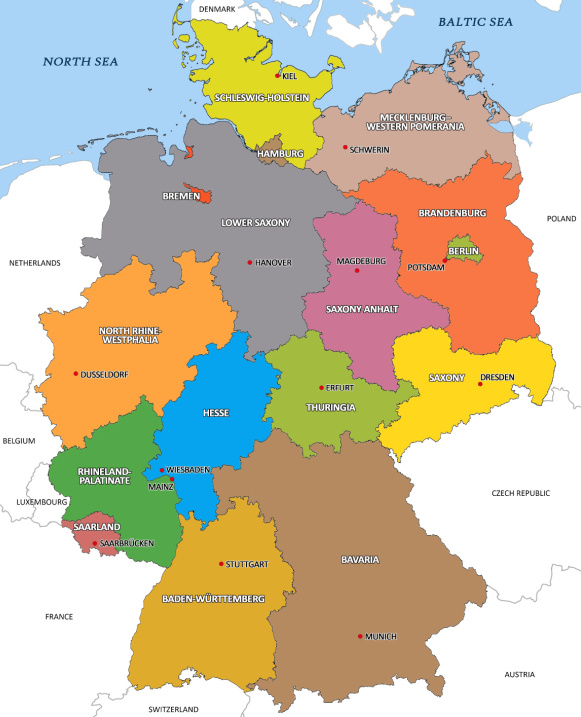 Political Map of Germany showing all 16 states
