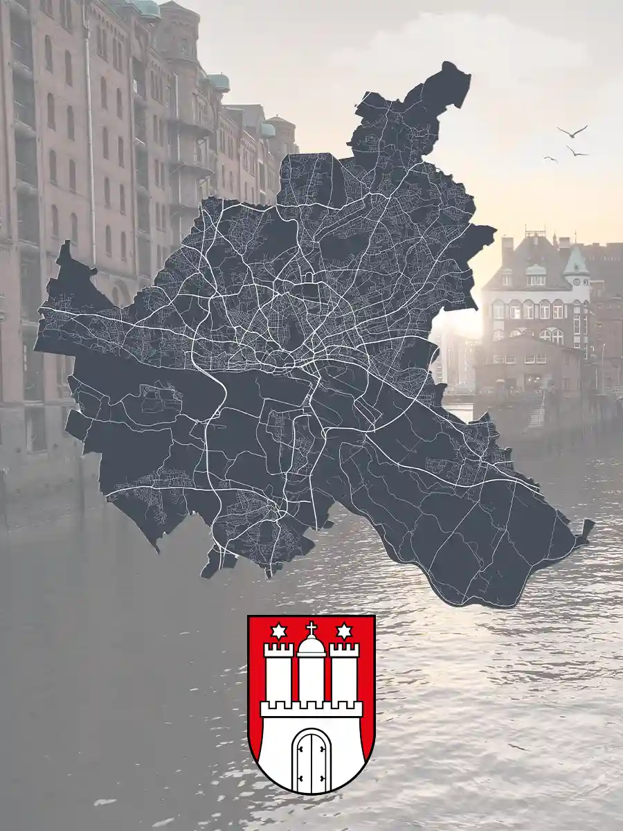 A map of Hamburg, Germany with detailed street lines is overlaid on a cityscape background. The Hamburg coat of arms is displayed at the bottom. A map of Hamburg, Germany with detailed street lines is overlaid on a cityscape background. The Hamburg coat of arms is displayed at the bottom.