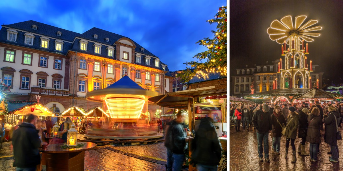 Heidelberg Christmas market at dusk on the left and a Christmas pyramid at night on the right. 