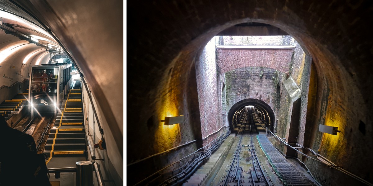 Collage of images showing the funicular train going up a hill through a tunnel in Heidelberg, Germany.