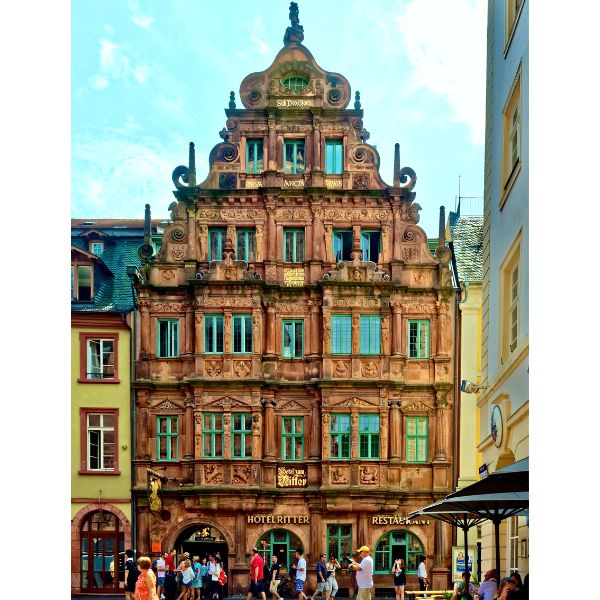 Ornate facade of the House of the Knight in Heidelberg, Germany.