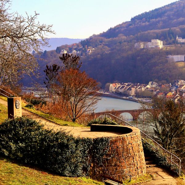 Stone path on the Philosopher's Walk overlooking the river and the city of Heidelberg.