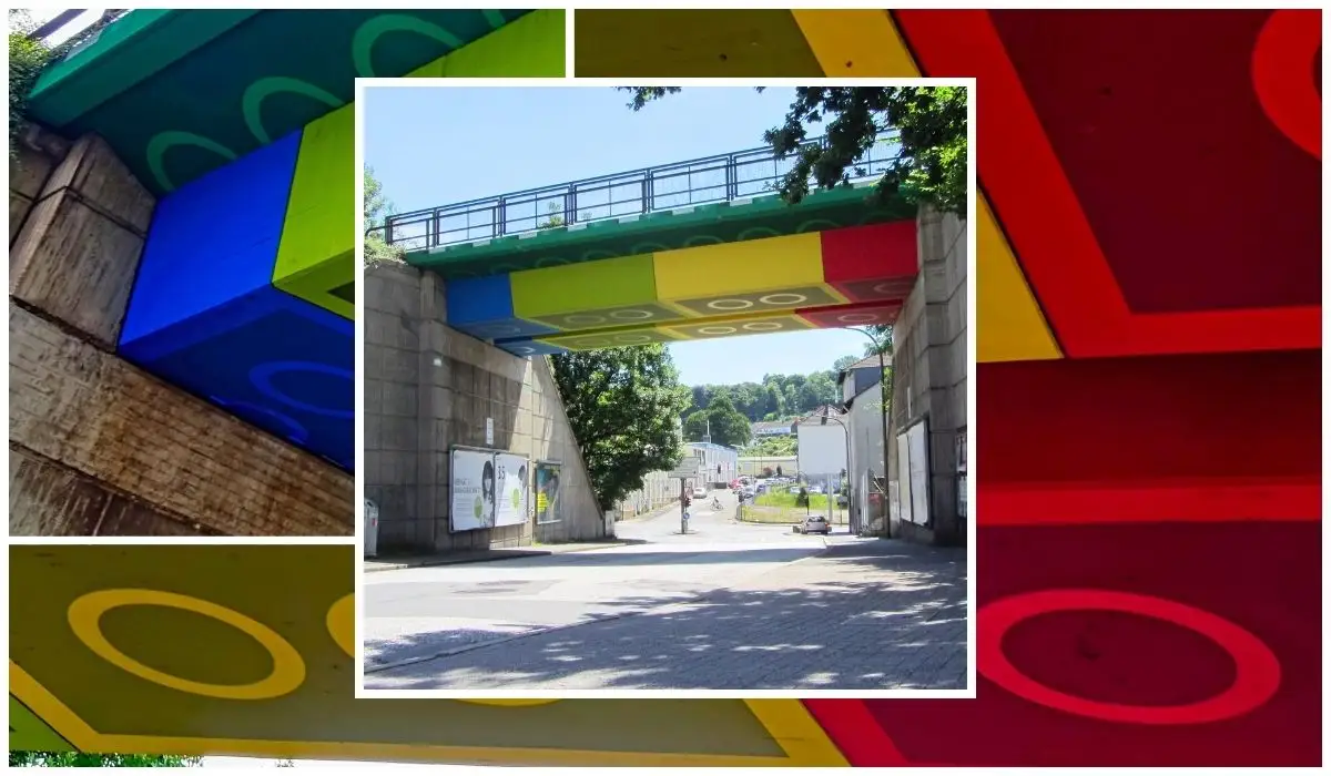 Lego Bridge in Wuppertal Painted railway bridge in Wuppertal designed to look like colorful Lego bricks