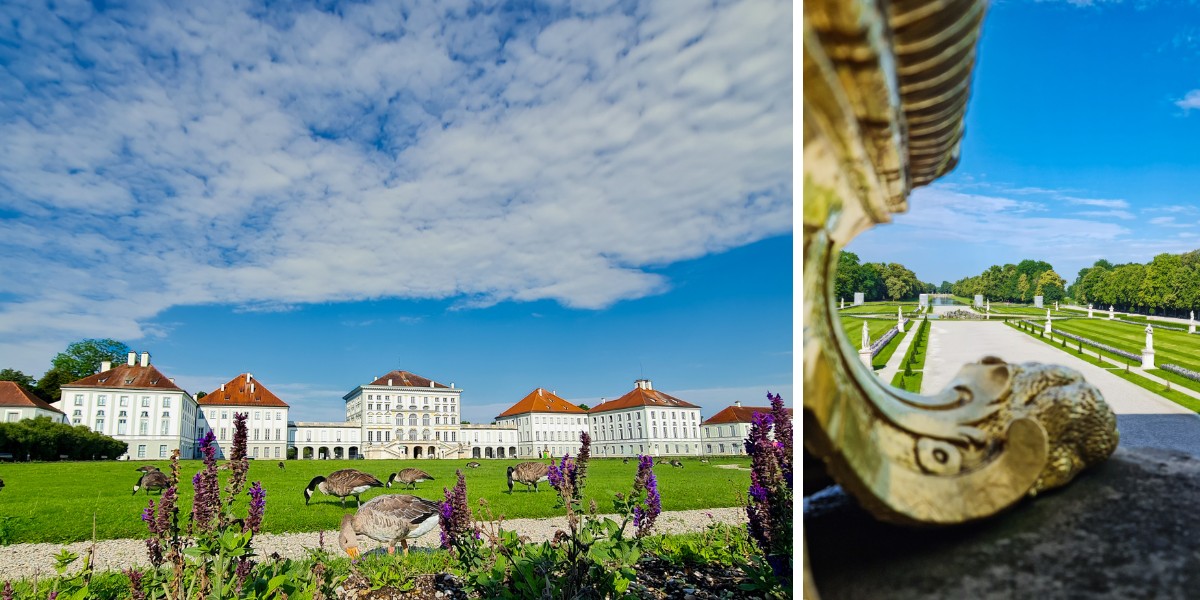 White building with red roof and geese on lawn, Nymphenburg Palace, Munich, Germany