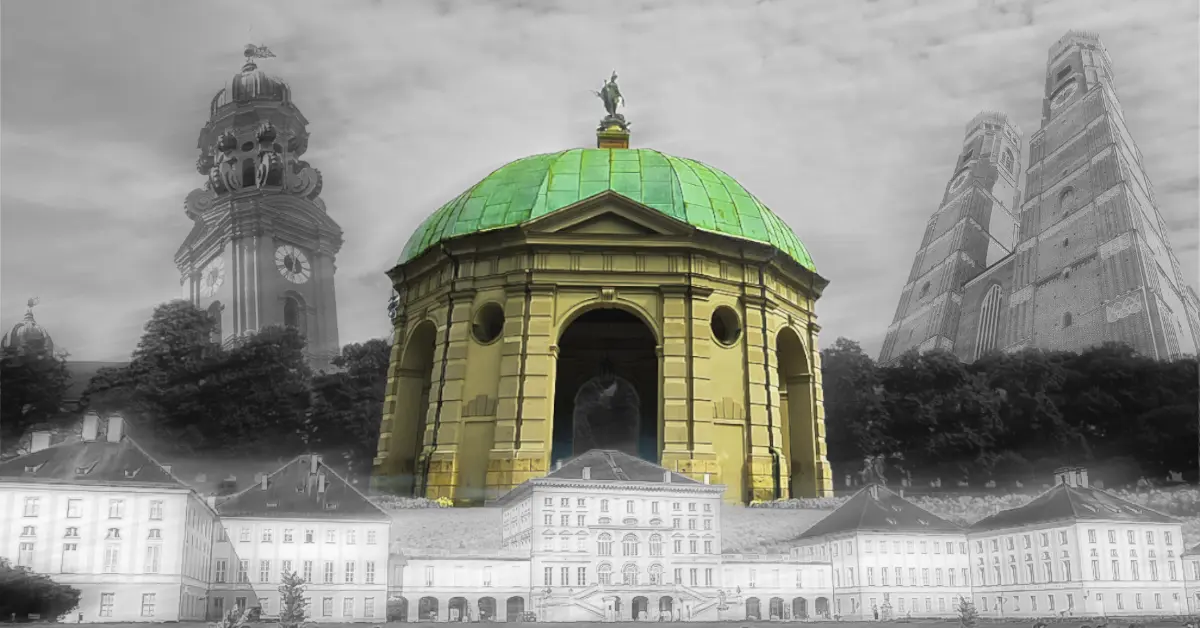 A vibrant green and yellow pavilion stands prominently against a grayscale background of large historical buildings and a cloudy sky. A vibrant green and yellow pavilion stands prominently against a grayscale background of large historical buildings and a cloudy sky.