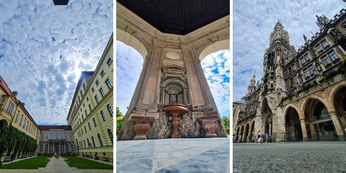 Trio of photos from Munich, Germany. The Munich Residenz, English Garden, and New Town Hall.