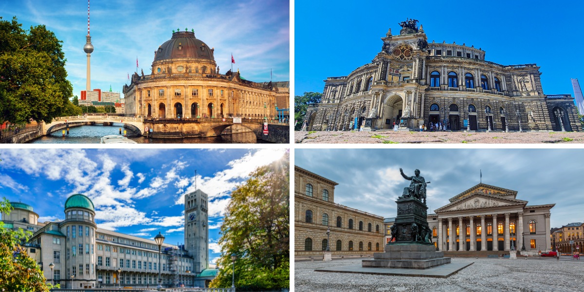 Museums and theaters in Germany. A collection of photos from Museum Island in Berlin, the Semperoper in Dresden, and the Deutsches Museum and National Theater in Munich.