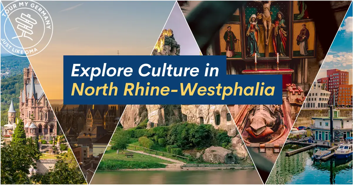 A collage of cultural landmarks across North Rhine-Westphalia, including castles, cathedrals, modern harbors, and religious art.