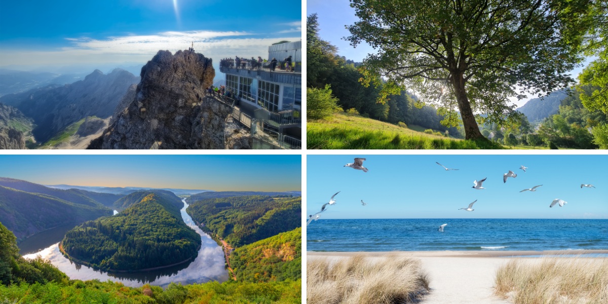 Zugspitze in Bavaria, Black Forest, Saarland, and Rugen Island A collection of photos from mountains in Bavaria, the Black Forest, a winding river in Saarland, and the sea at Rugen Island.