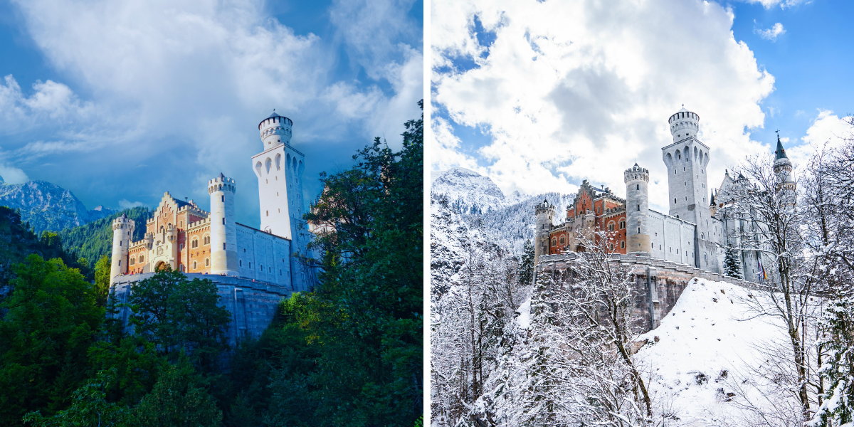 Neuschwanstein Castle in the peak of summer and winter. Neuschwanstein castle in the summer with green trees, and the winter surrounded by snow.