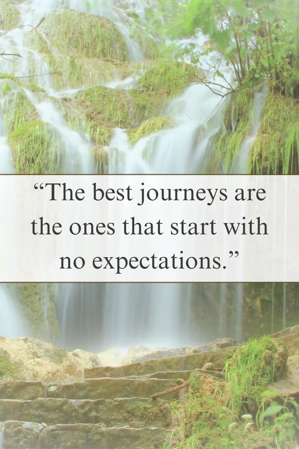 A misty waterfall cascading over moss-covered rocks in a lush green forest