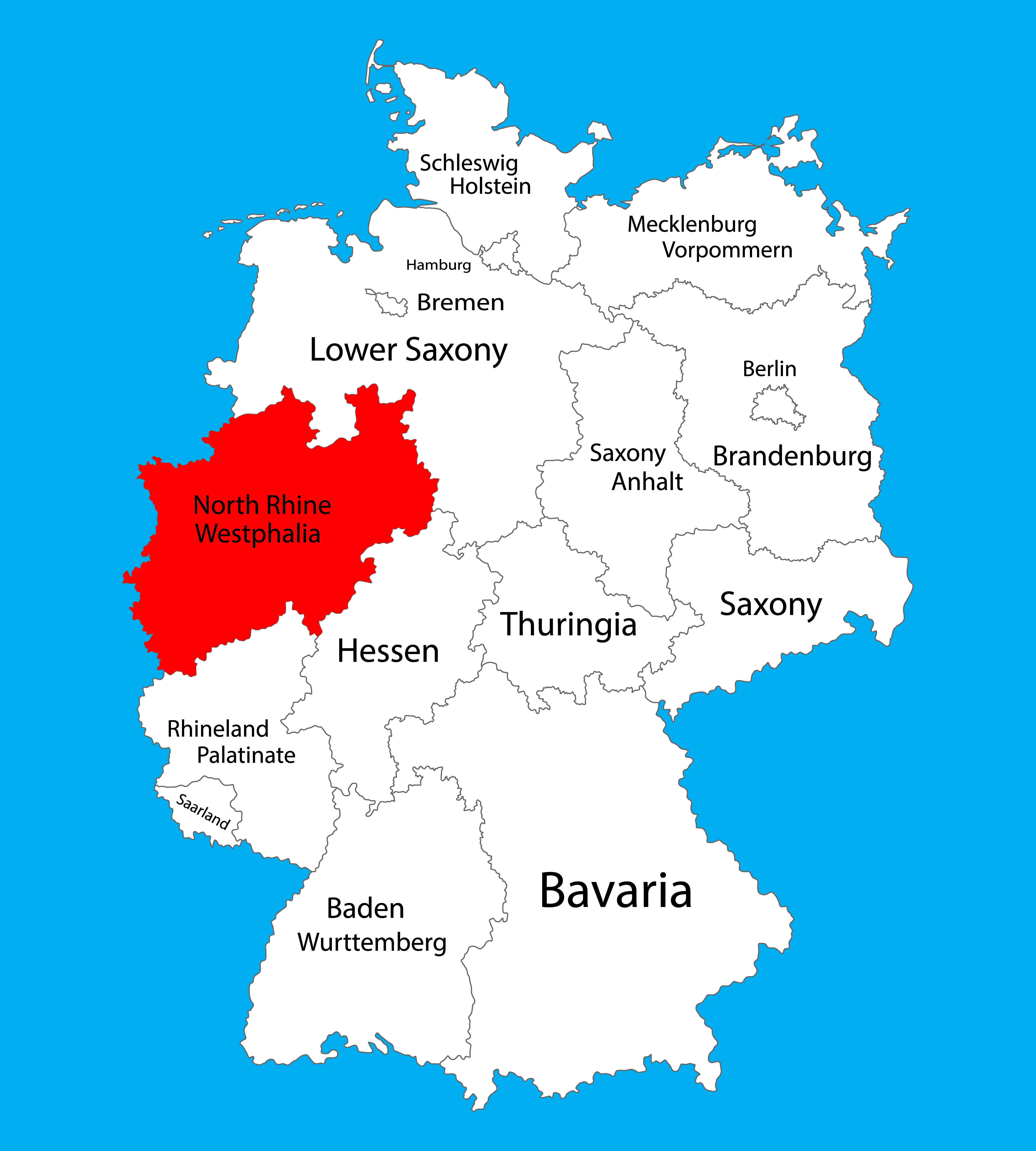 Map of Germany showing North Rhine-Westphalia Map of Germany showing North Rhine-Westphalia