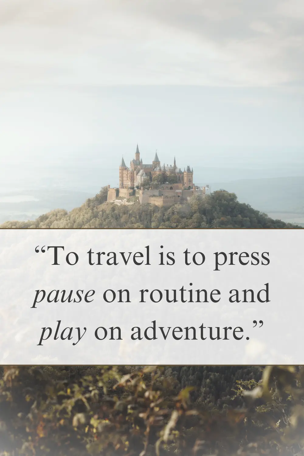 A distant castle sitting on a hilltop surrounded by misty mountains.