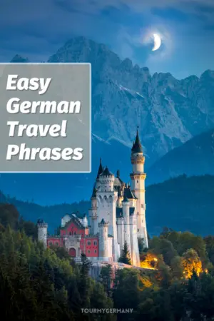 Neuschwanstein Castle with mountains in the background and moon shining through clouds.
