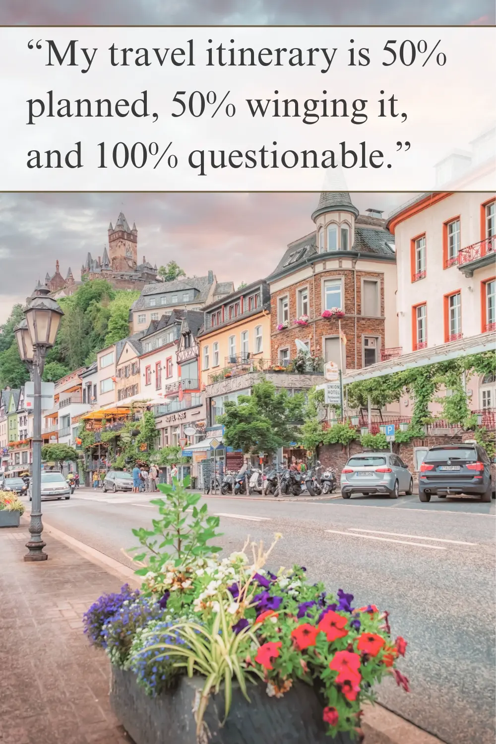 A quaint European village with colorful houses, a castle on a hill, and a lively street scene