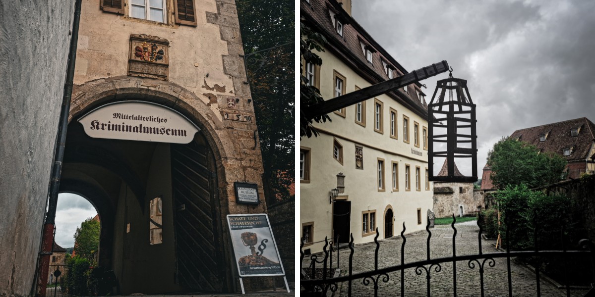 Two images: the first shows the entrance of a medieval crime museum, and the second displays a historic street with old buildings and a suspended iron cage.