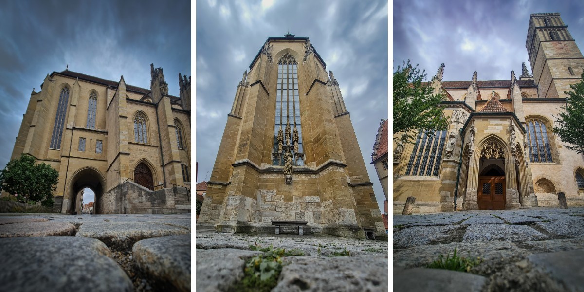 Two views of the historic stone St. Jakob's Church building with a sloped roof and wooden beams. One view shows the exterior, and the other shows an inner courtyard with stone pavement and greenery.