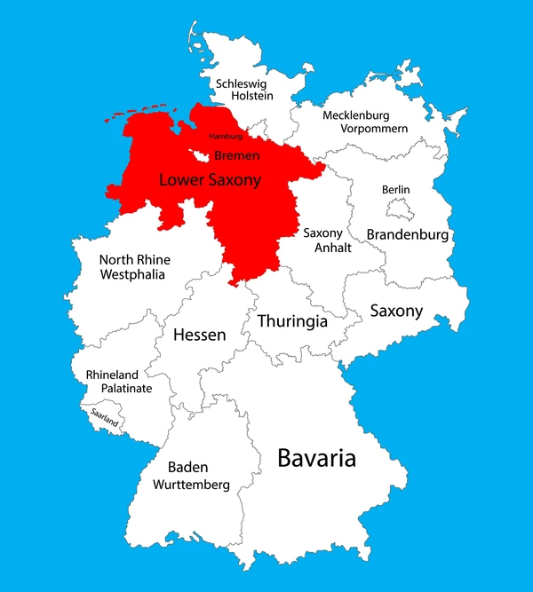 Blue map of Germany with Lower Saxony highlighted in red.