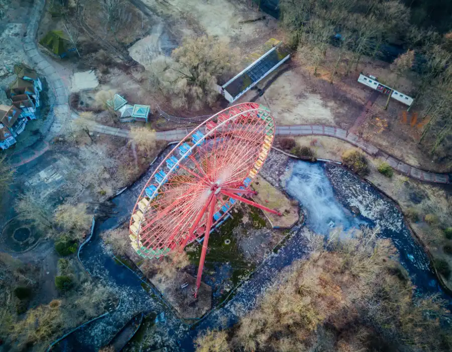 Aerial view of the abandoned Ferris wheel at Spreepark in Berlin's Plänterwald
