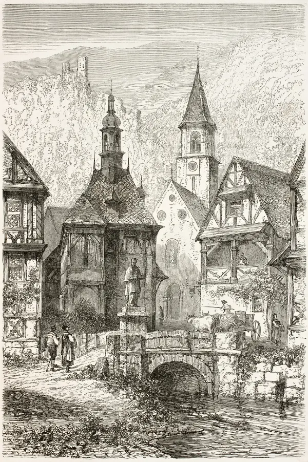 Drawing of village and church in Strasburg, Germany, circa 1887