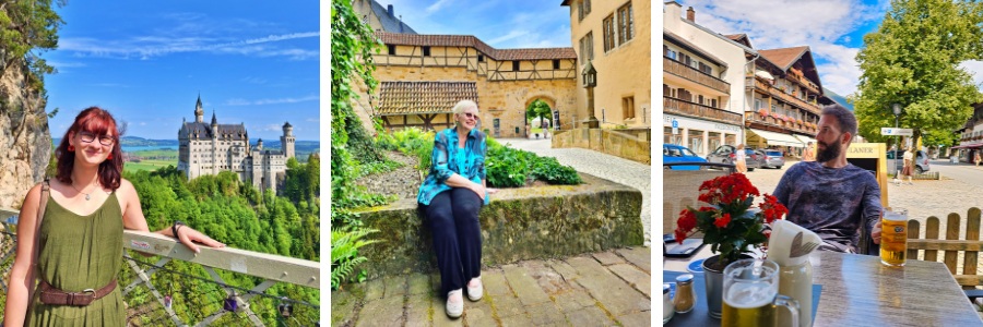 Collage of Lydia in front of Neuschwanstein Castle, Oma at Veste Coburg, and Eran in Oberammergau 