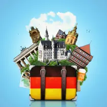 Illustration of a suitcase with the German flag surrounded by iconic landmarks like the Brandenburg Gate, cathedrals, half-timbered houses, and a beer stein, symbolizing guided tours across Germany.
