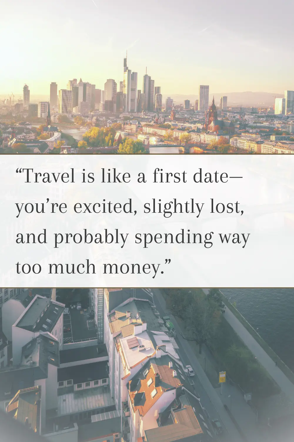 A sprawling cityscape with skyscrapers and a river at golden hour. 