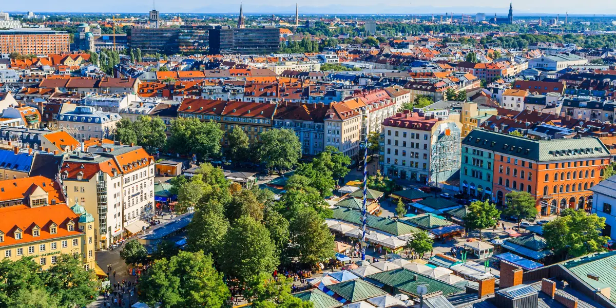 Aerial view of Viktualienmarkt among buildings in Munich
