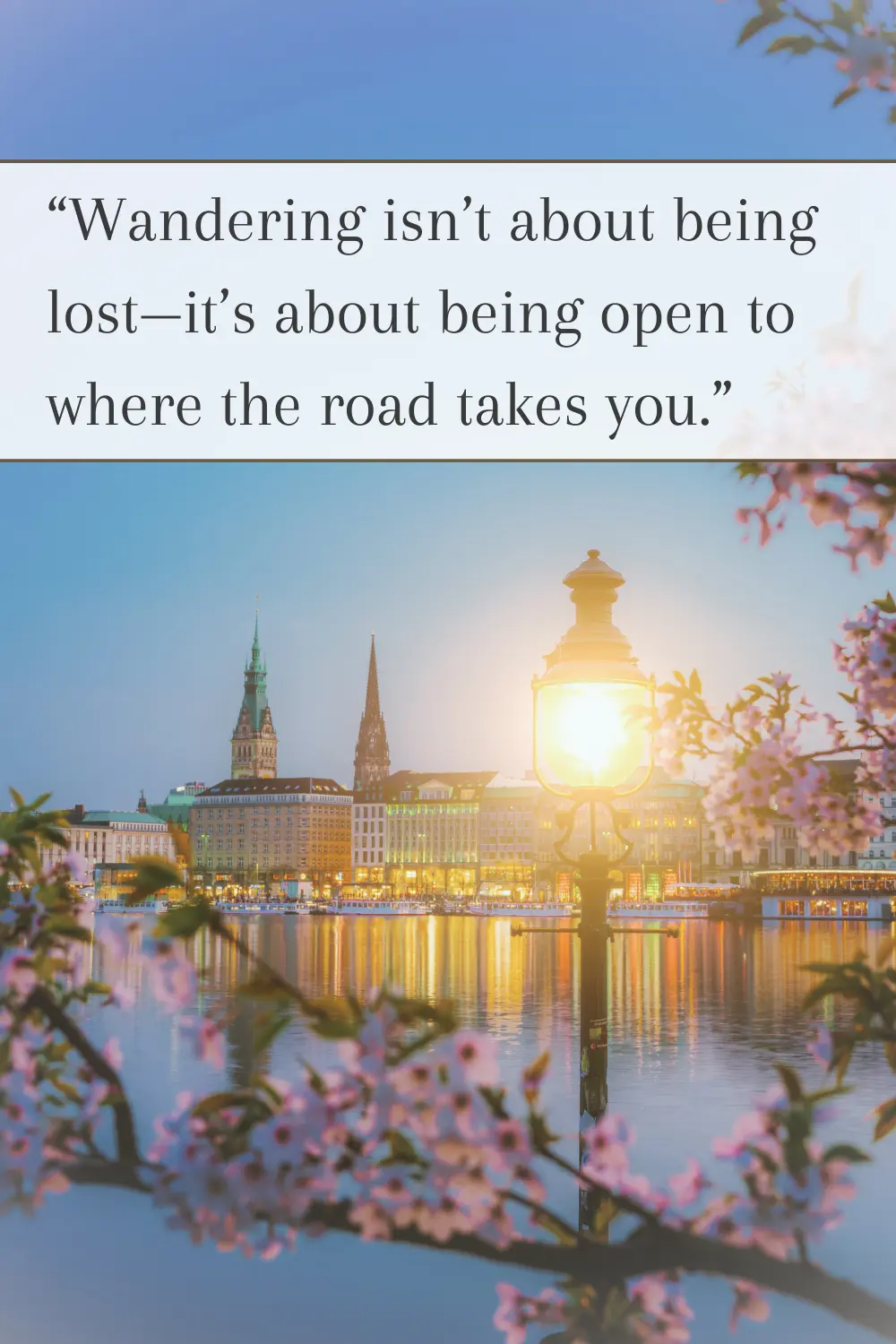 A dreamy waterfront scene in Hamburg framed by cherry blossoms,