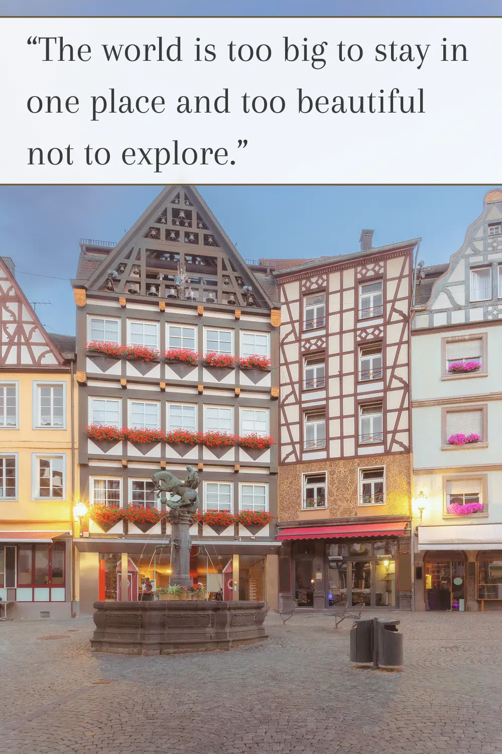 A charming European town with half-timbered buildings, warm lights, and cobblestone streets. 