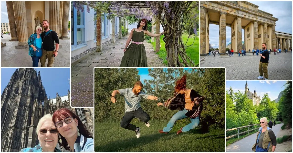 Collage of family travel photos in Germany, featuring visits to landmarks such as Brandenburg Gate, Cologne Cathedral, and Neuschwanstein Castle, along with candid outdoor shots of the family exploring gardens and countryside paths.