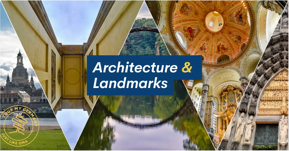 Collage banner featuring German architectural landmarks including Rakotzbrücke, church domes, historic buildings, and ornate cathedral interiors."
