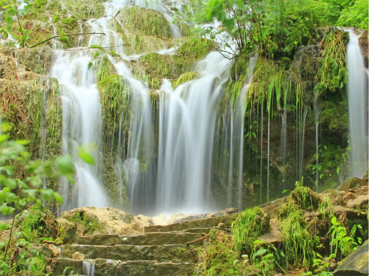 A lush waterfall cascades over moss-covered rocks with greenery surrounding the scene.
