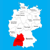 Map of Germany's federal states highlighting Baden-Württemberg in red.