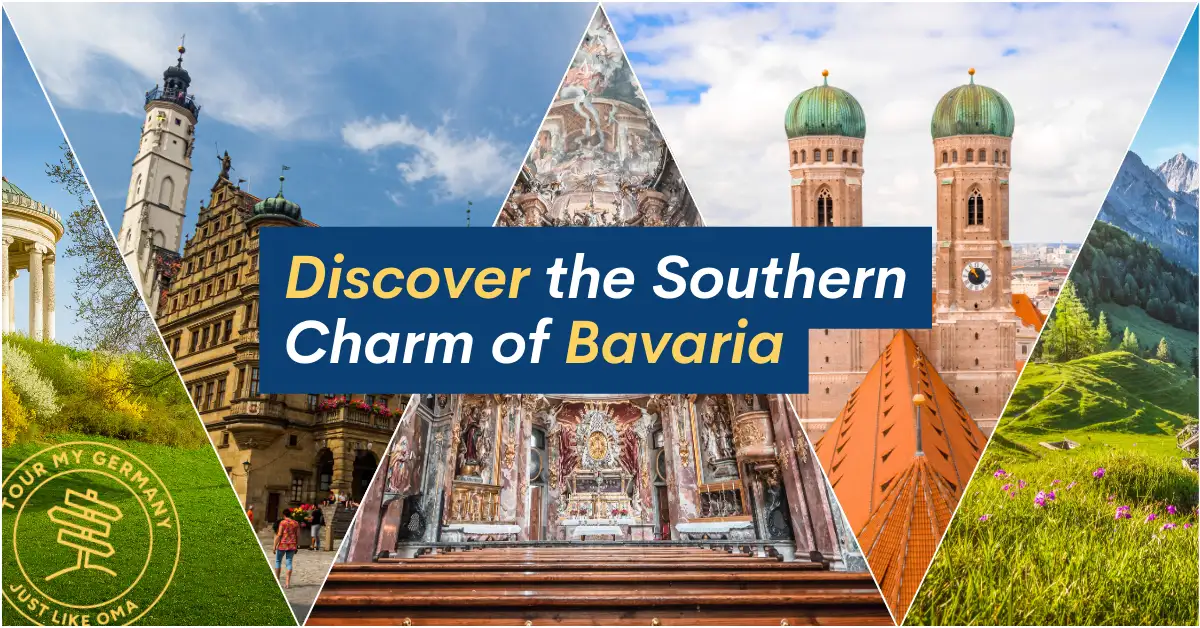 Bavaria Region Guide Collage of iconic Bavarian landmarks, including alpine meadows, pastel churches, baroque ceilings, and historic town centers, framed under the heading “Discover the Southern Charm of Bavaria.”
