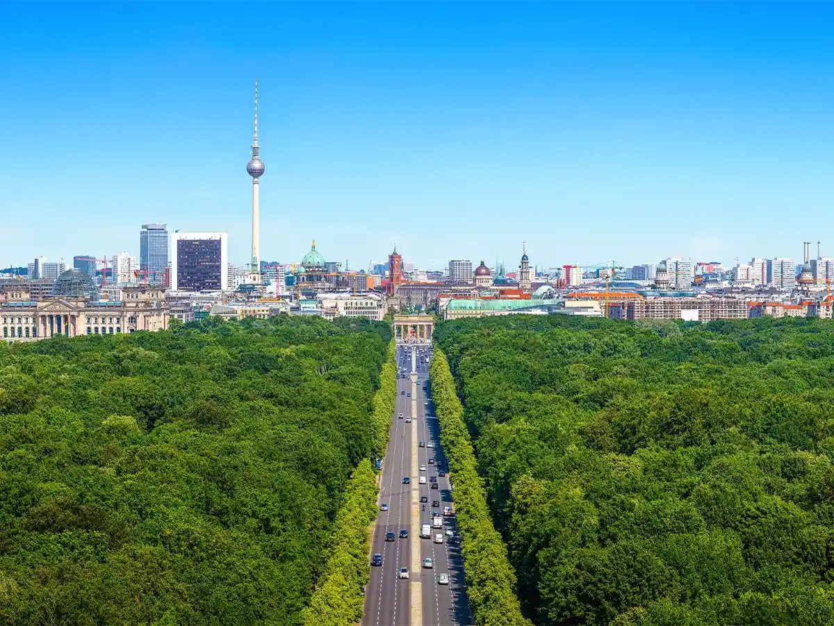 Aerial from Victory Column over Tiergarten to Berlin TV Tower—gateway city for Berlin day trips into Brandenburg.