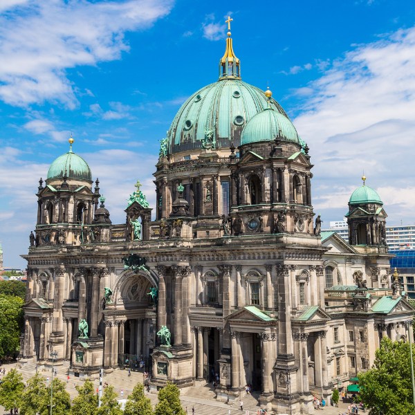 Green-domed towers and ornate grey Berlin Cathedral