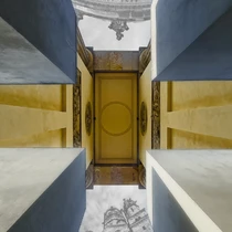 Looking up between symmetrical yellow walls of the Brandenburg Gate, with a mirrored reflection and the Kaiser Wilhelm Memorial Church faintly visible above.