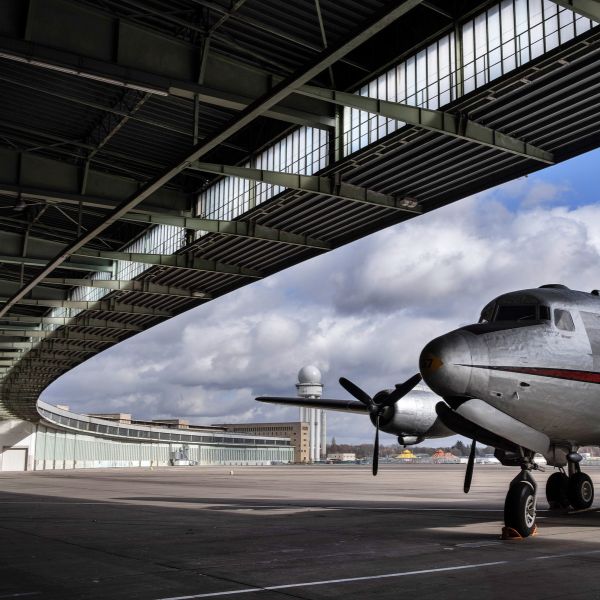 Tempelhof Airport Grey airport buildings and airplane